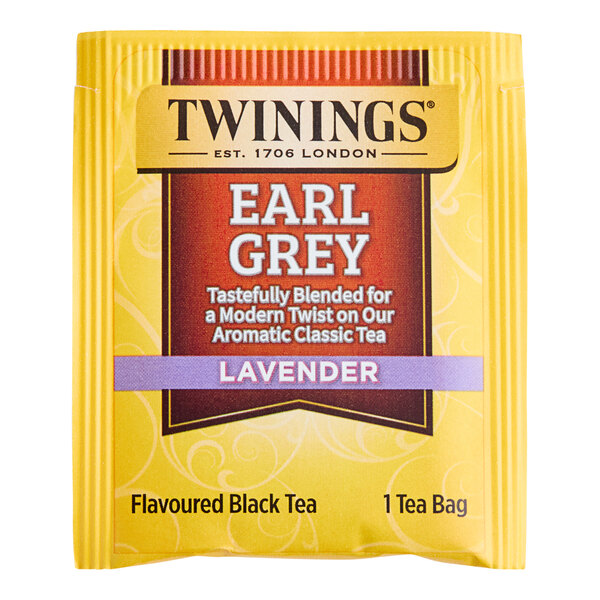 A yellow box of Twinings Earl Grey with Lavender Tea Bags.