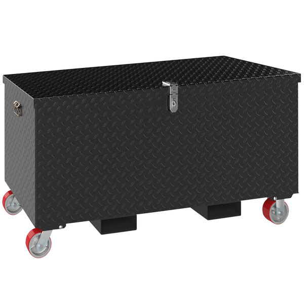 A black metal Vestil toolbox with red wheels.