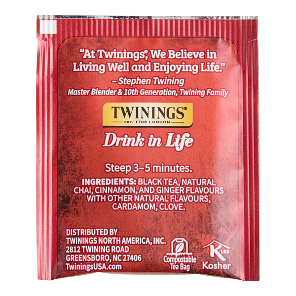 A red box of Twinings Ultra Spice Chai Tea Bags with a close up of the label.