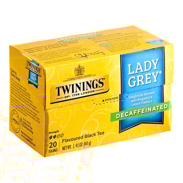 A yellow Twinings Lady Grey Decaffeinated Tea box with 20 tea bags.