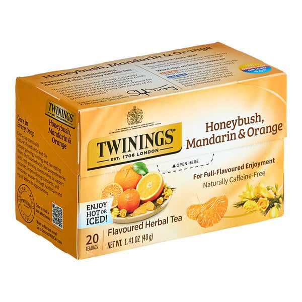 A box of Twinings Honeybush, Mandarin & Orange herbal tea bags on a white background.