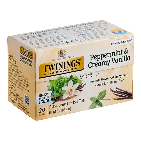 A box of Twinings Peppermint and Creamy Vanilla Herbal Tea Bags on a white background.