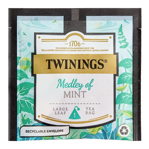 A package of Twinings Medley of Mint large leaf pyramid tea sachets.