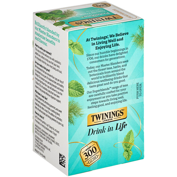 A box of Twinings Peppermint & Fennel Tea Bags with text and leaves on it.