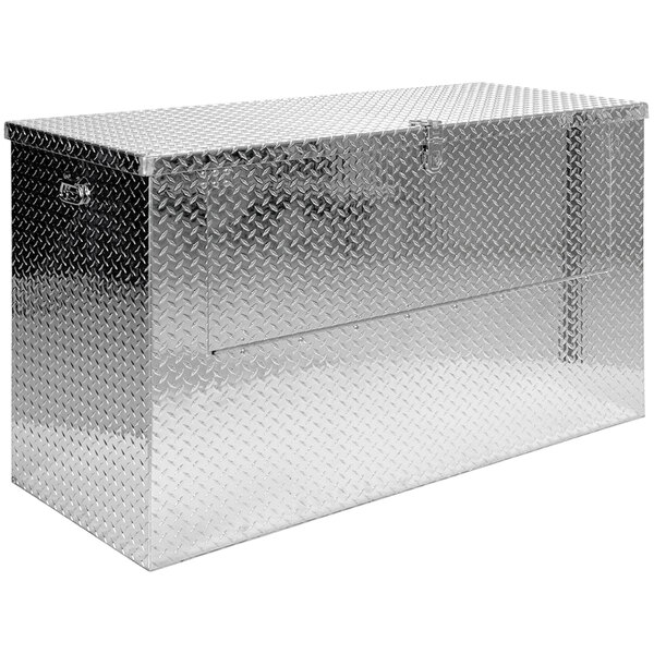 A silver Vestil aluminum tool box with a fold-down door.