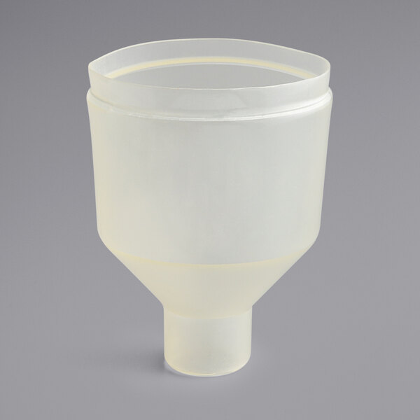 A white plastic funnel with a lid.