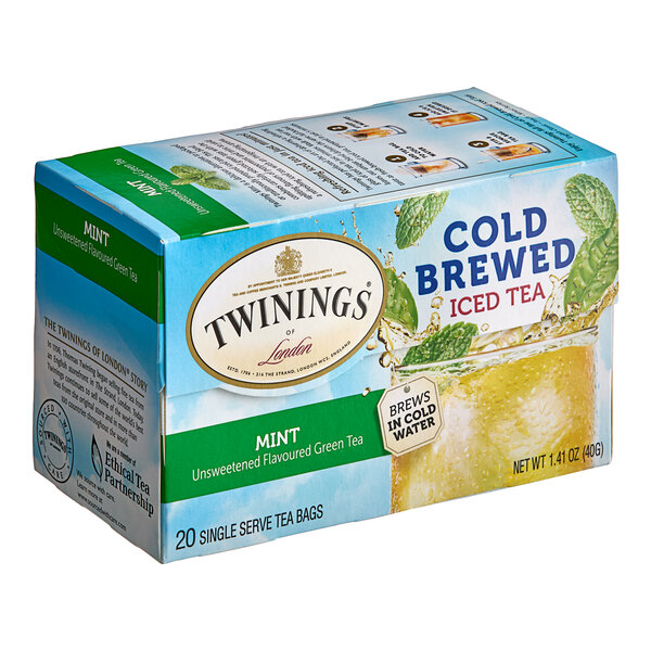 A box of Twinings Green Tea with Mint Cold Brewed Iced Tea Bags on a white background.