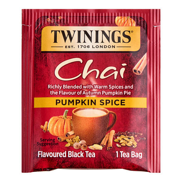 A red box of Twinings Pumpkin Spice Chai Tea Bags.