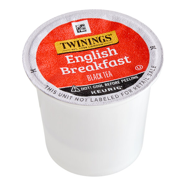 A white box of Twinings English Breakfast Tea K-Cup pods with a red label.