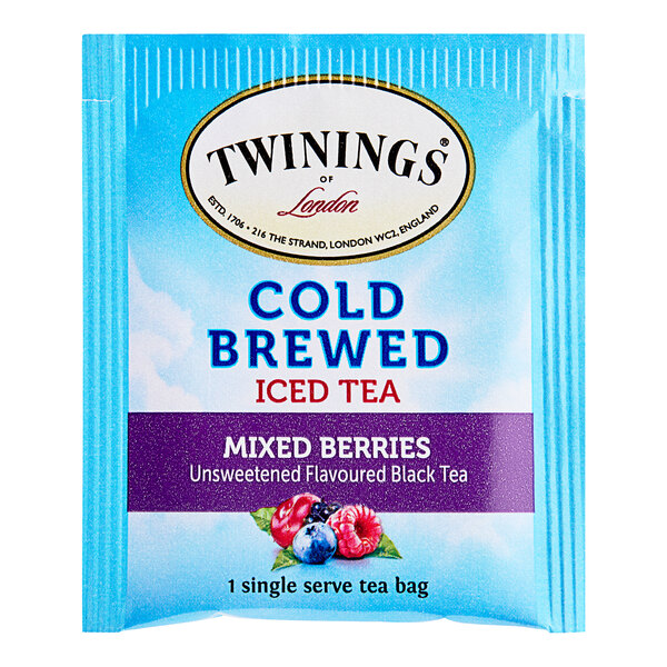 A blue box of Twinings Mixed Berries Cold Brewed Iced Tea bags.