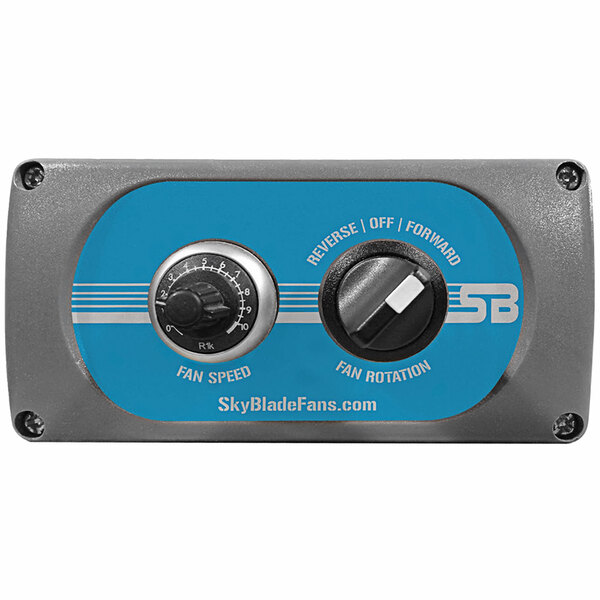 The blades of a SkyBlade Shop Prop HVLS Ceiling Fan with blue tips and black edges on a white background.