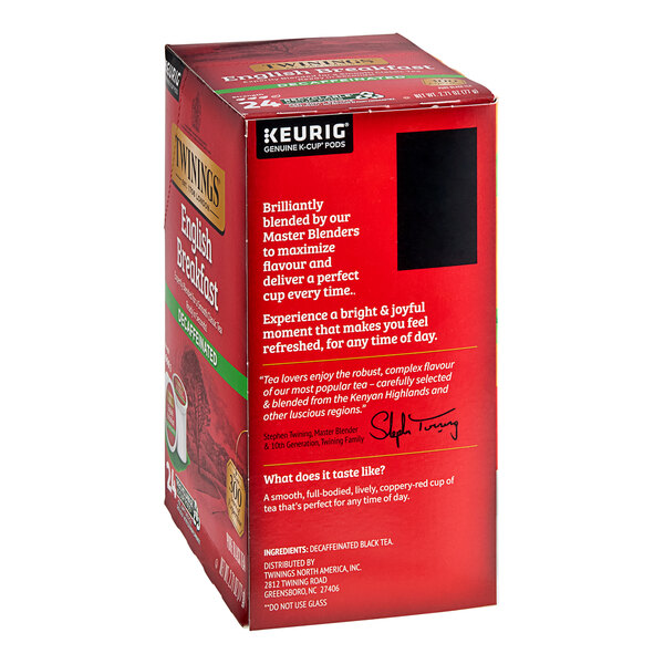 A red box of Twinings English Breakfast Decaffeinated Tea K-Cup Pods with white text.