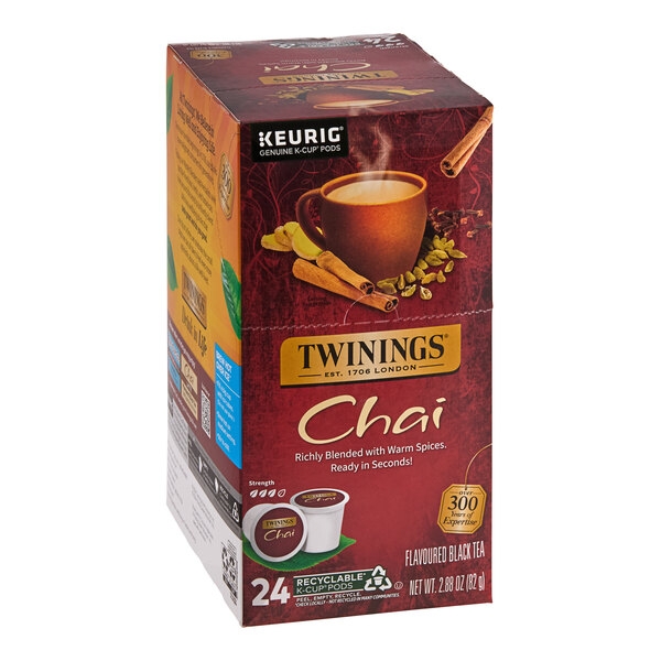 A box of 24 Twinings Chai Tea K-Cup Pods on a white background.