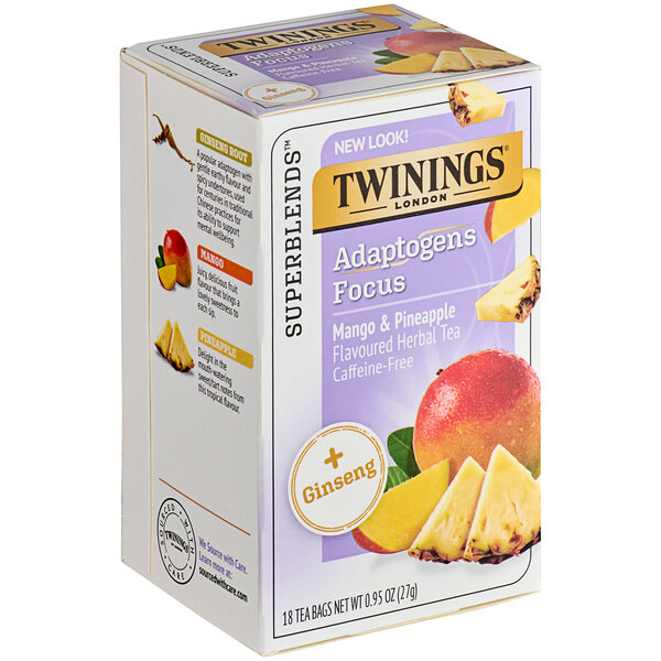 A box of Twinings Focus Ginseng, Mango & Pineapple Herbal Tea Bags with a label featuring pineapple and mango.