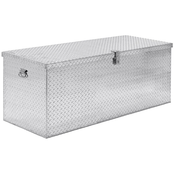 A silver aluminum Vestil toolbox with a lid.