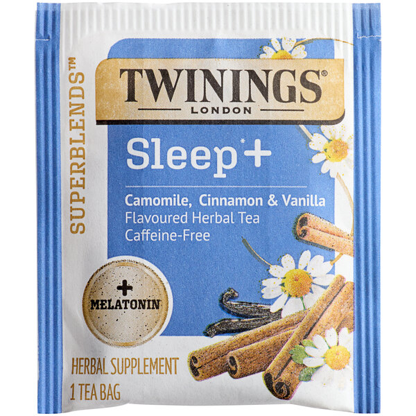 A blue and white box of Twinings Superblends Sleep+ Chamomile, Cinnamon & Vanilla Herbal Tea Bags.