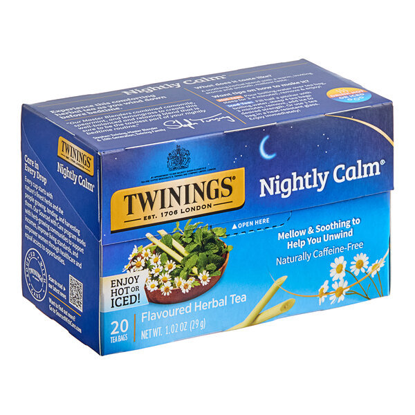 A blue box of Twinings Nightly Calm Herbal Tea Bags with text and images.
