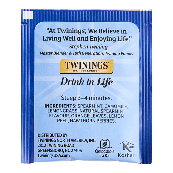 A blue Twinings package with black and white text.
