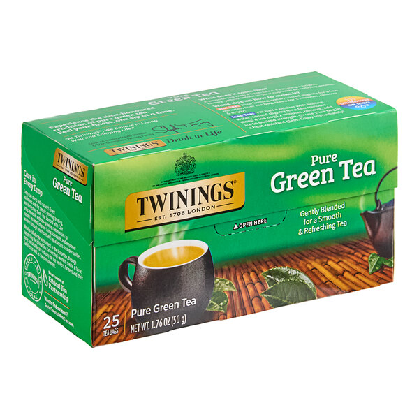 A green box of Twinings Green Tea Bags with 25 tea bags inside.