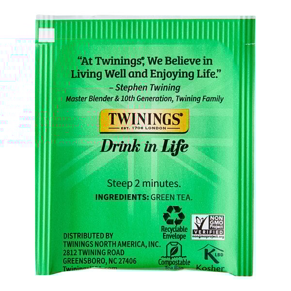 A green and white box of Twinings Green Tea Bags.