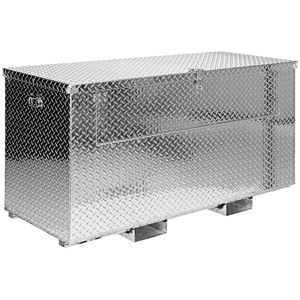 A silver Vestil aluminum tread plate toolbox with a fold-down door.