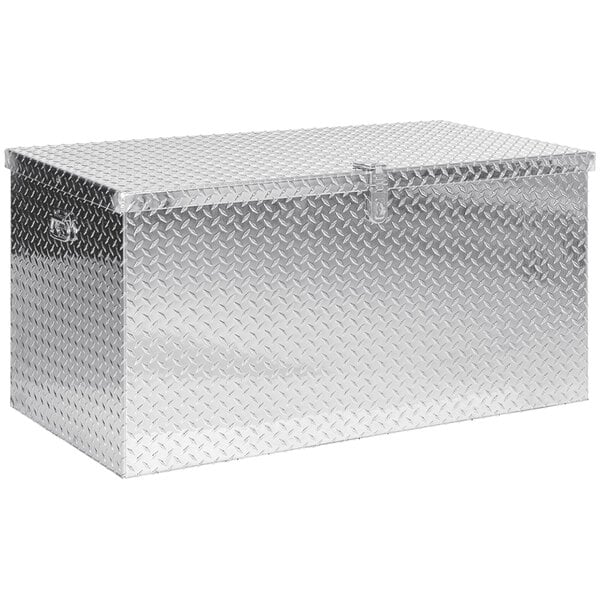 A Vestil silver aluminum diamond plate toolbox with a lock.