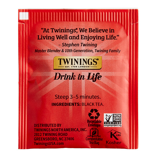 A red box of Twinings English Breakfast Extra Strong Tea bags with black text.