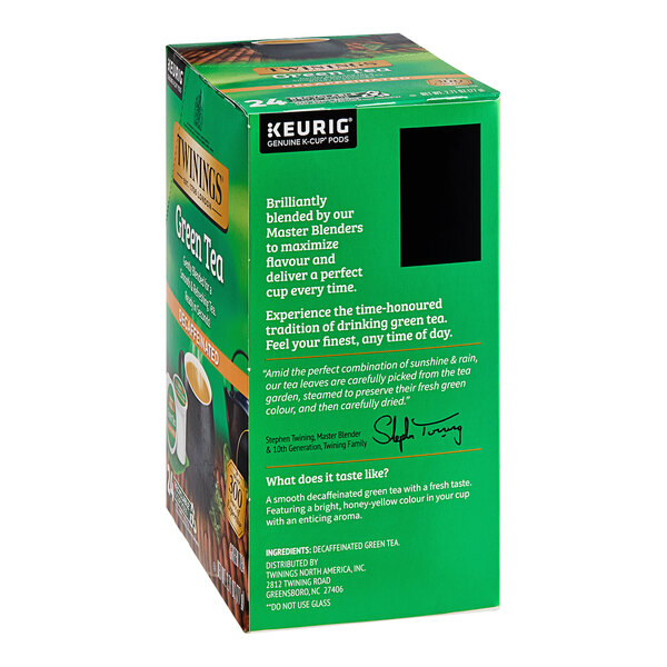 A green box of 12 Twinings Decaffeinated Green Tea Keurig® K-Cup® pods with white and black text.