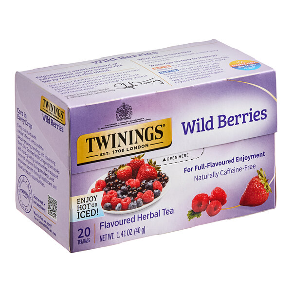 A purple box of Twinings Wild Berries Herbal Tea Bags.