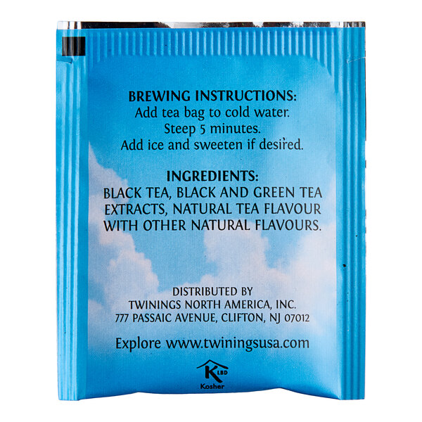 A blue box of Twinings English Classic Cold Brewed Iced Tea Bags with a picture of iced tea on it.