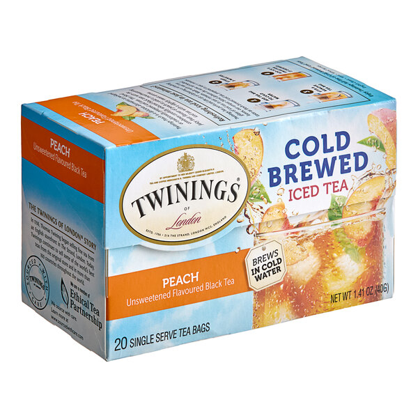 A box of Twinings Peach Cold Brewed Iced Tea on a white background.