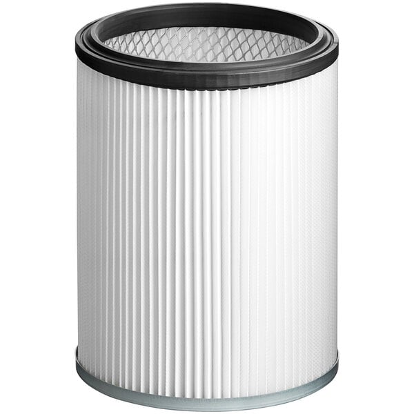 A white and black Lavex HEPA filter for a vacuum cleaner.