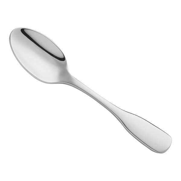 An Acopa Triumph stainless steel demitasse spoon with a silver handle.