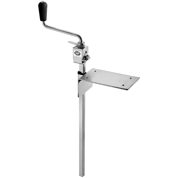 A Louis Tellier commercial can opener with a metal stand and metal plate.
