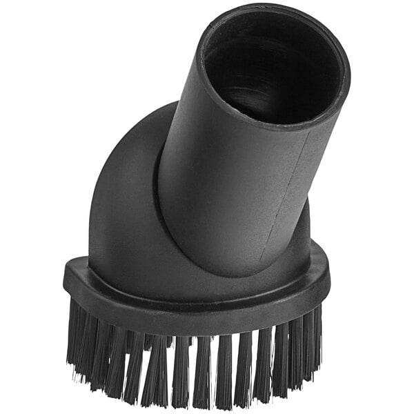 A black circular brush with a black handle.