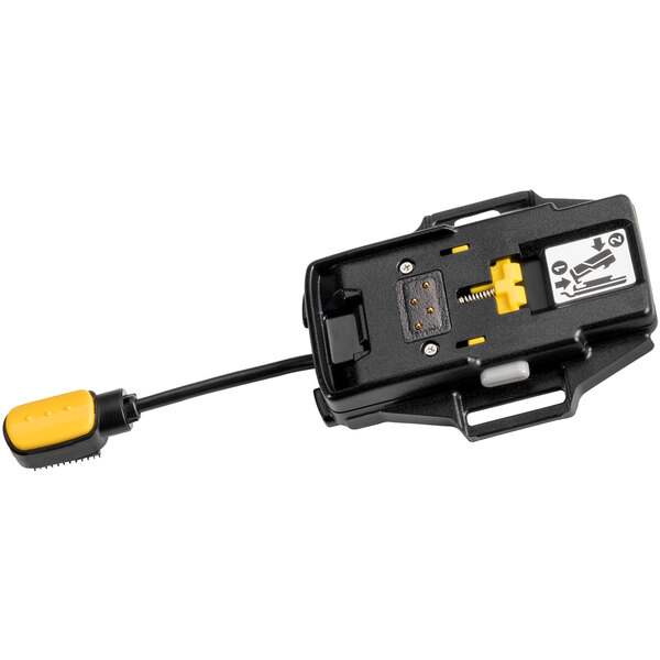 A black and yellow Zebra back-of-hand mount for a mobile computer with a cable.