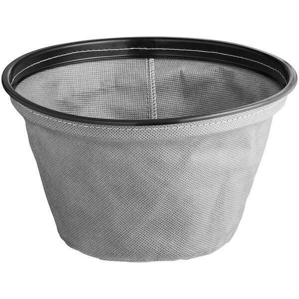 A grey fabric basket with black trim.