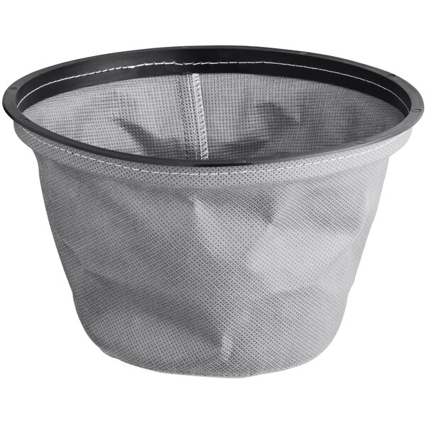 A grey fabric basket with black trim.