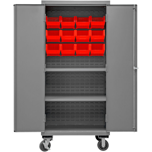 A Durham grey metal storage cabinet with red bins on wheels.