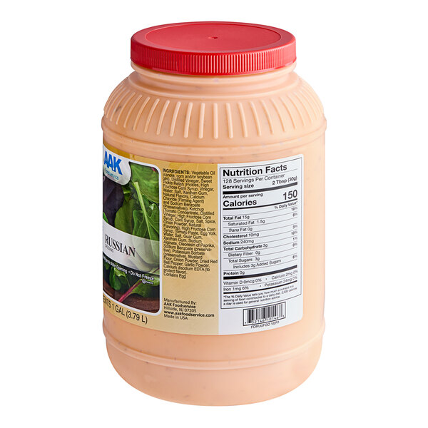 A plastic container of AAK Russian Dressing with a label.
