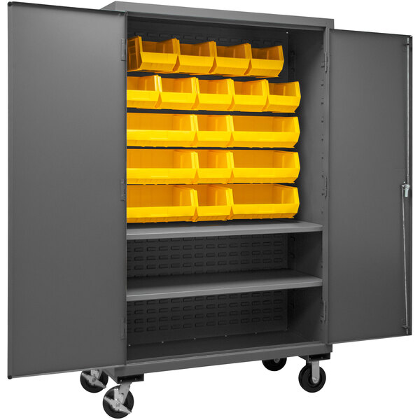 A large grey metal Durham storage cabinet with yellow bins inside.