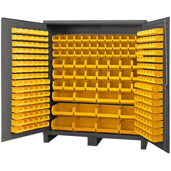A large metal Durham storage cabinet with yellow bins.