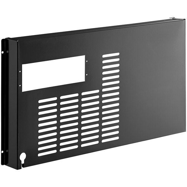 A black metal grille panel with holes.