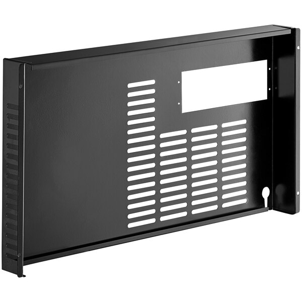 A black metal grille with a white label.