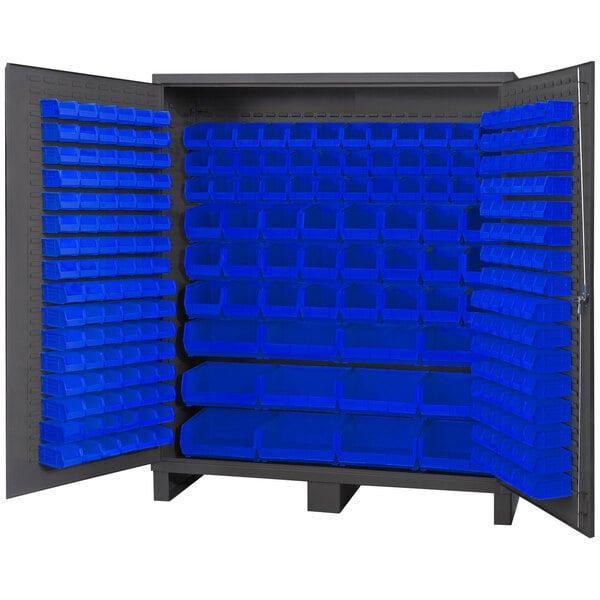 A large metal storage cabinet with blue plastic bins inside.