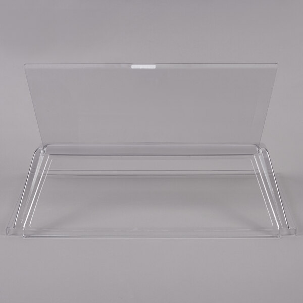 An APW Wyott single door sneeze guard over a hot dog roller grill.