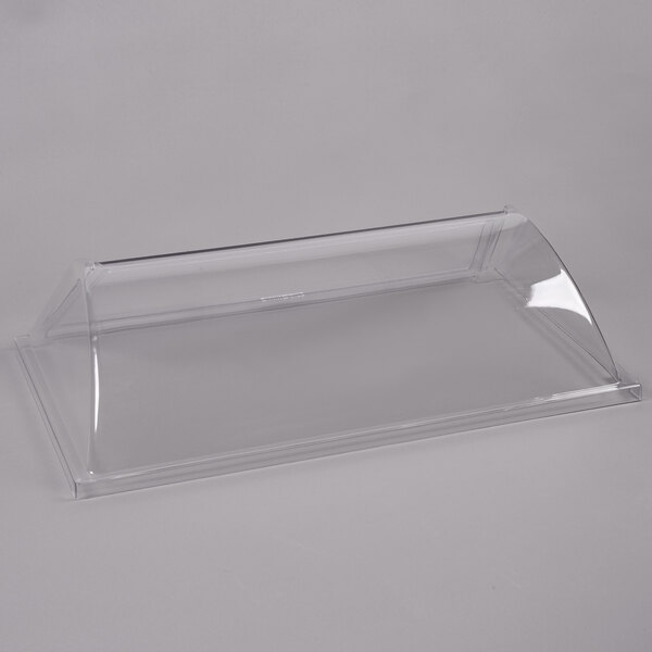 A clear plastic container with a curved top and a handle, used to cover a hot dog roller grill.