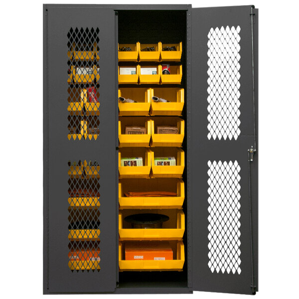 A Durham metal storage cabinet with yellow bins inside.