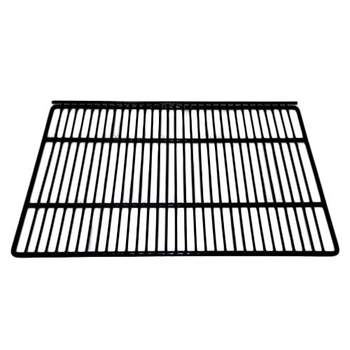 A black coated wire shelf with a grid pattern on a white background.