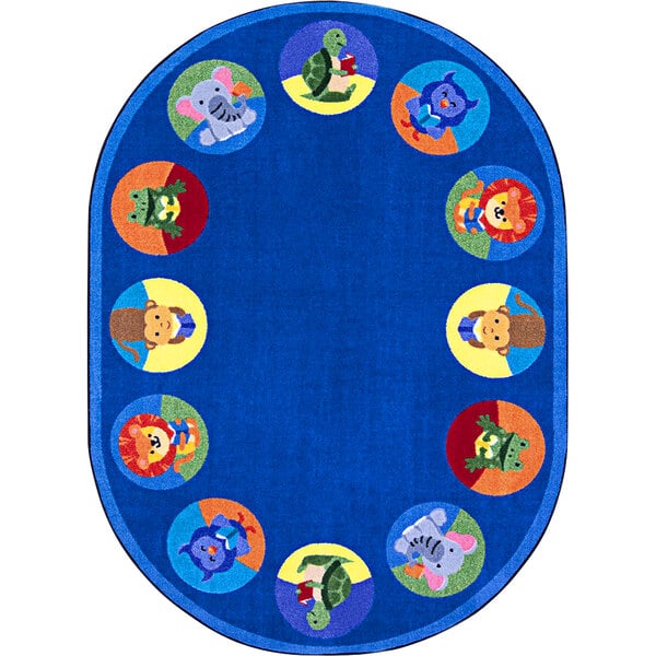 A multi-colored oval Joy Carpets Kid Essentials Animal Readers area rug with animals on it.